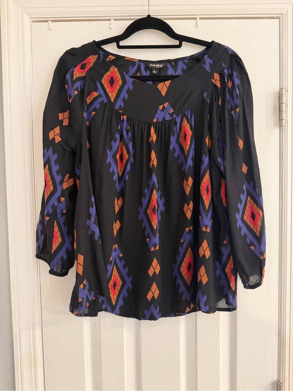 Lucky Brand Geometric Southwestern Peasant Blouse M Black Purple Orange Boho